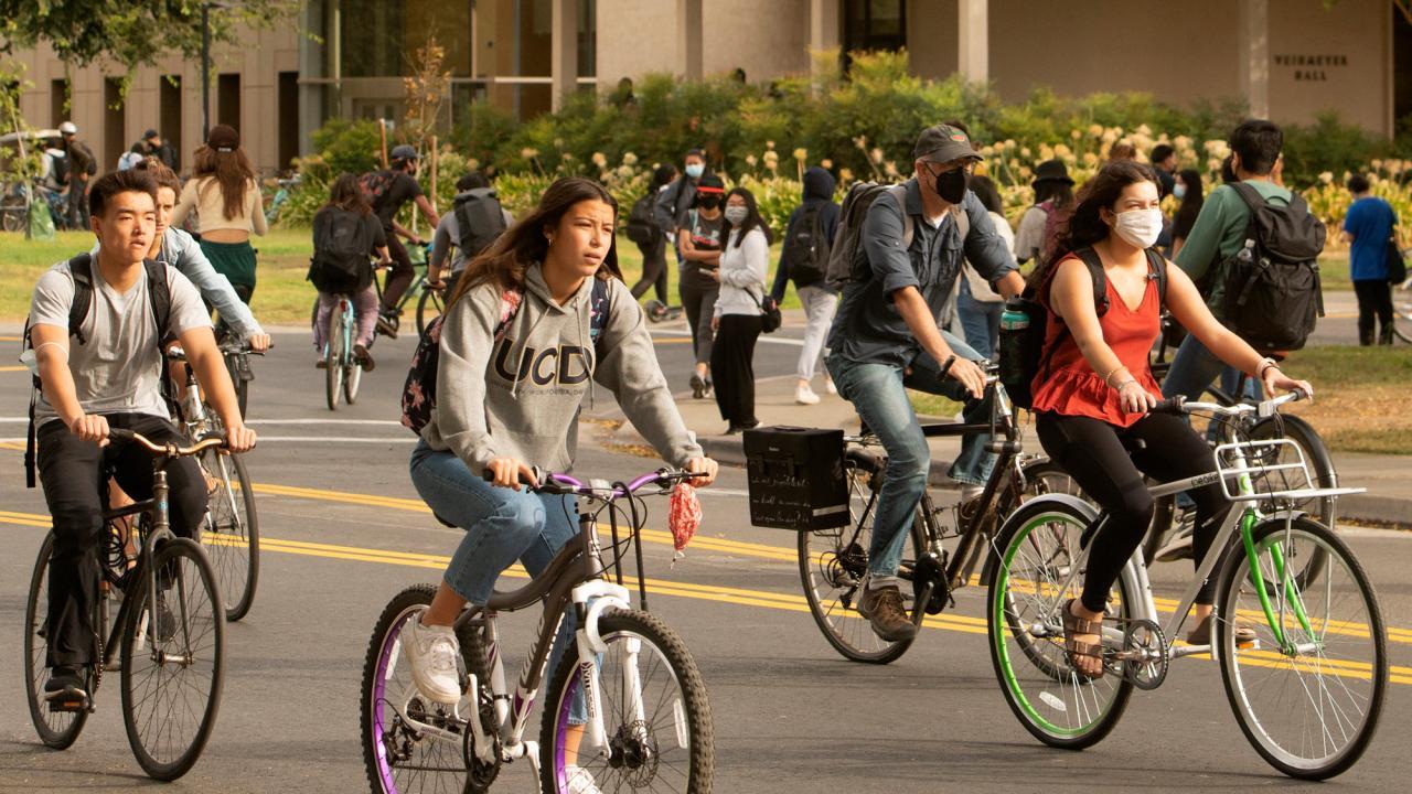Students riding bikes on campus