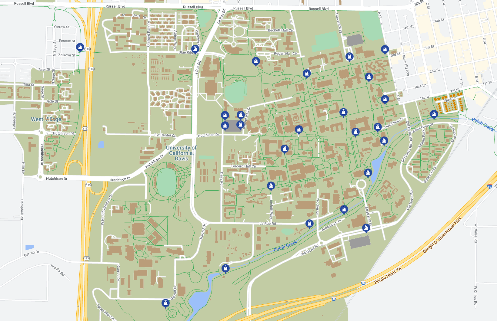 campus map with icons where emergency call boxes are located.