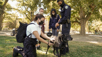 K9 Charlie being pet by students on campus.