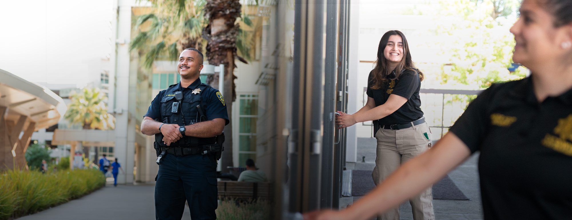 Photo collage with an officer smiling in front of the UC Davis Medical Center on one side, and two laughing Aggie Hosts on the Davis campus on the other side