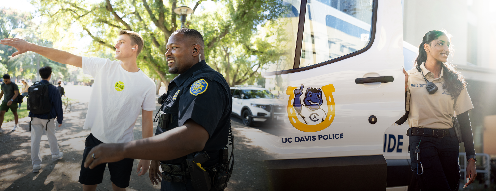 Collage with image of police officer and student smiling on the Quad together and an image of an Aggie Host smiling while opening the door of a Safe Ride van.