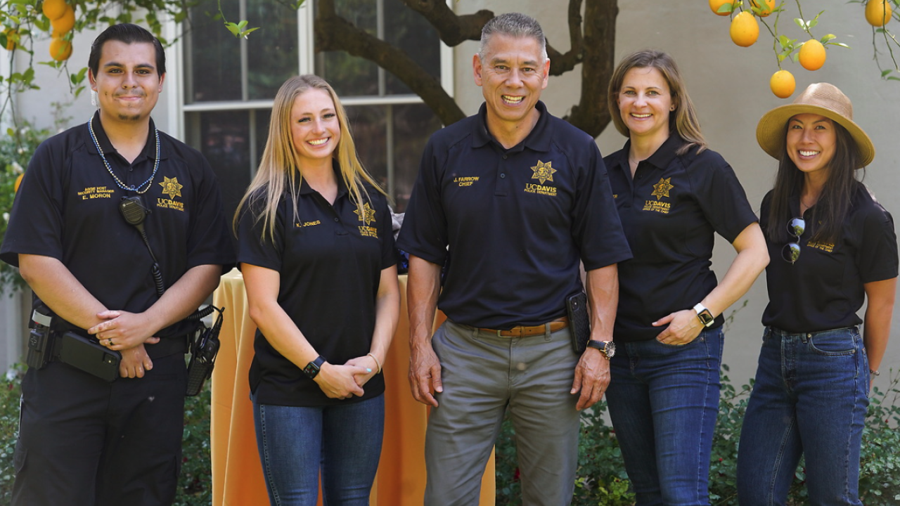 Three UC Davis employees stand under lemon tree.