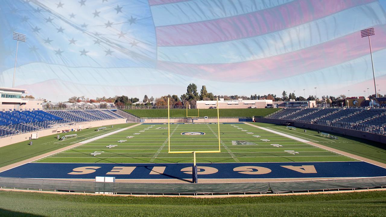 Panoramic view of stadium field.