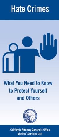 Image of a figure holding their hand up. Words in this image are "Hate Crimes: What you need to know to protect yourself and others" 