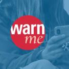 Blue-toned photo of two people using smartphones with red 'warn me' logo
